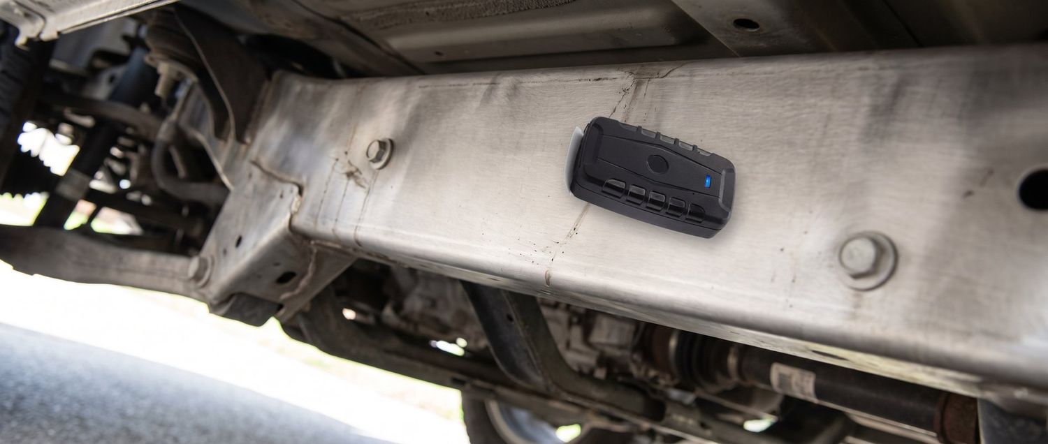 An IQTrack Sentinel magnet-mounted to the steel frame rail underneath a vehicle